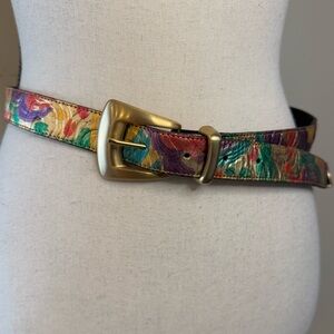 Genuine leather belt shimmery vibrant multicolored floral pattern